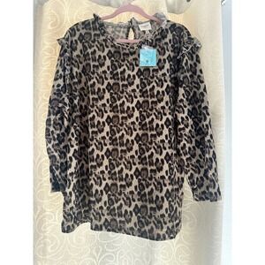 Hayden Los Angeles Leopard Ruffle Shoulder Top 2XL Brown Animal Long Sleeve